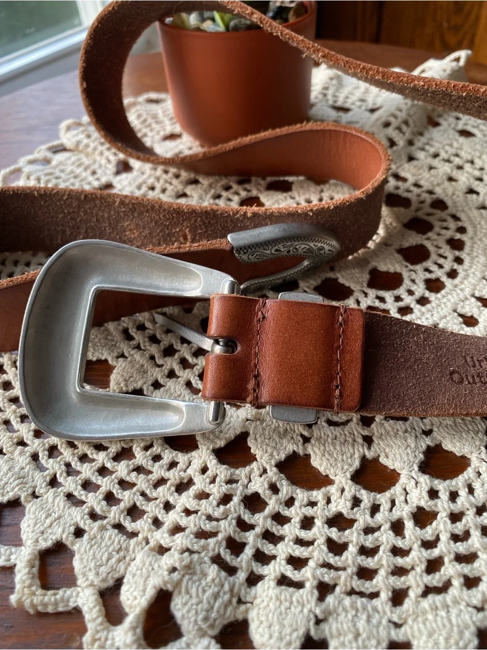 Urban Outfitters Brown Leather Western Belt with Ornate Silver Buckle Size M EUC
